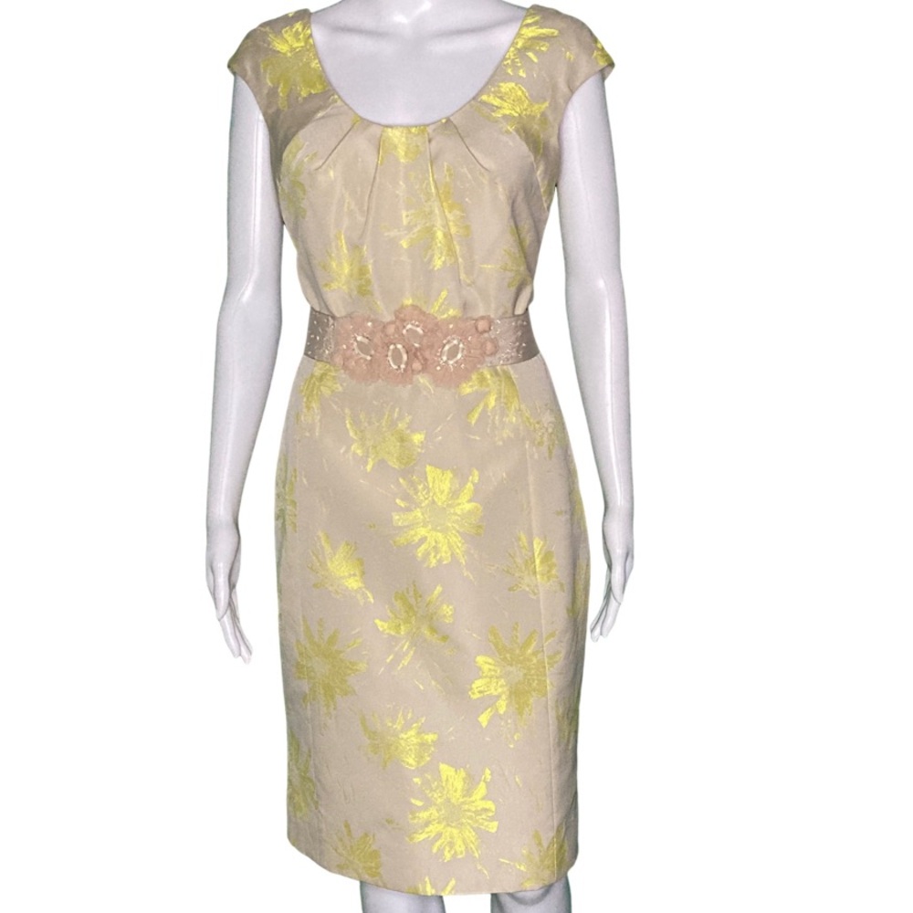 Lela Rose Beige & Chartreuse Floral Scoop Neck & Back Midi with Embellished Belt